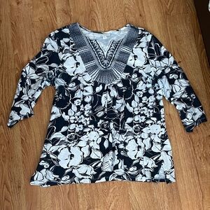 Charter Club Floral Top Navy White Embellished Neck 3/4 Sleeve Women’s L